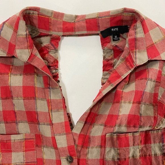 Fate Open Tie Back Top Red/Light Brown Plaid Long Sleeve Size M - Picture 8 of 13